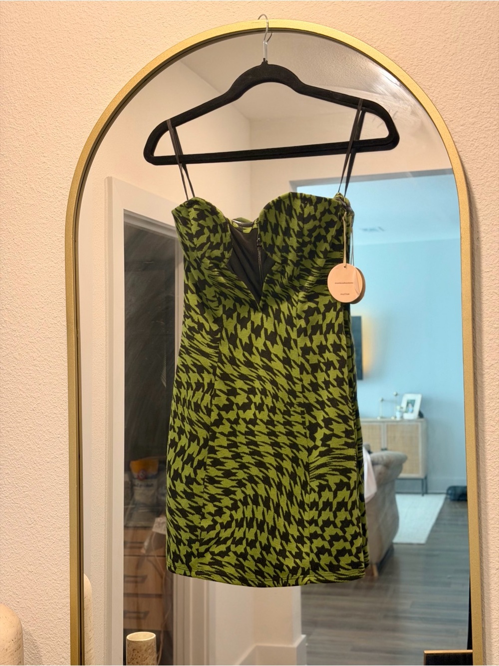 Camila Coelho Green and Black Houndstooth Strapless Mini Dress